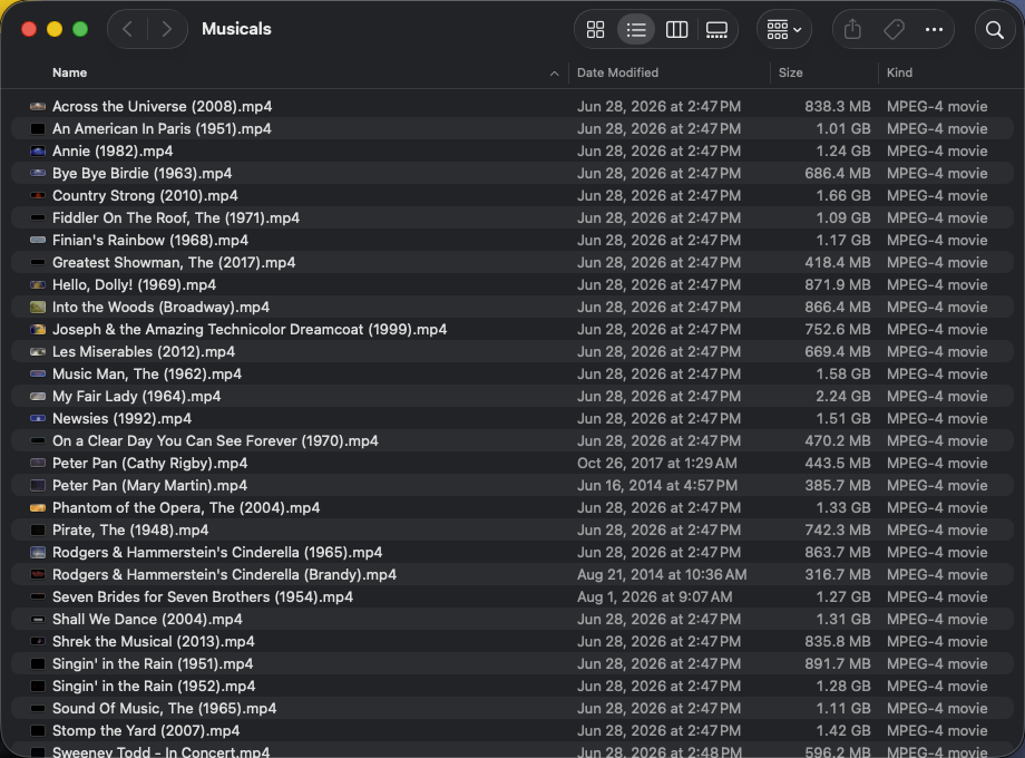 A packed Finder folder full of movie files